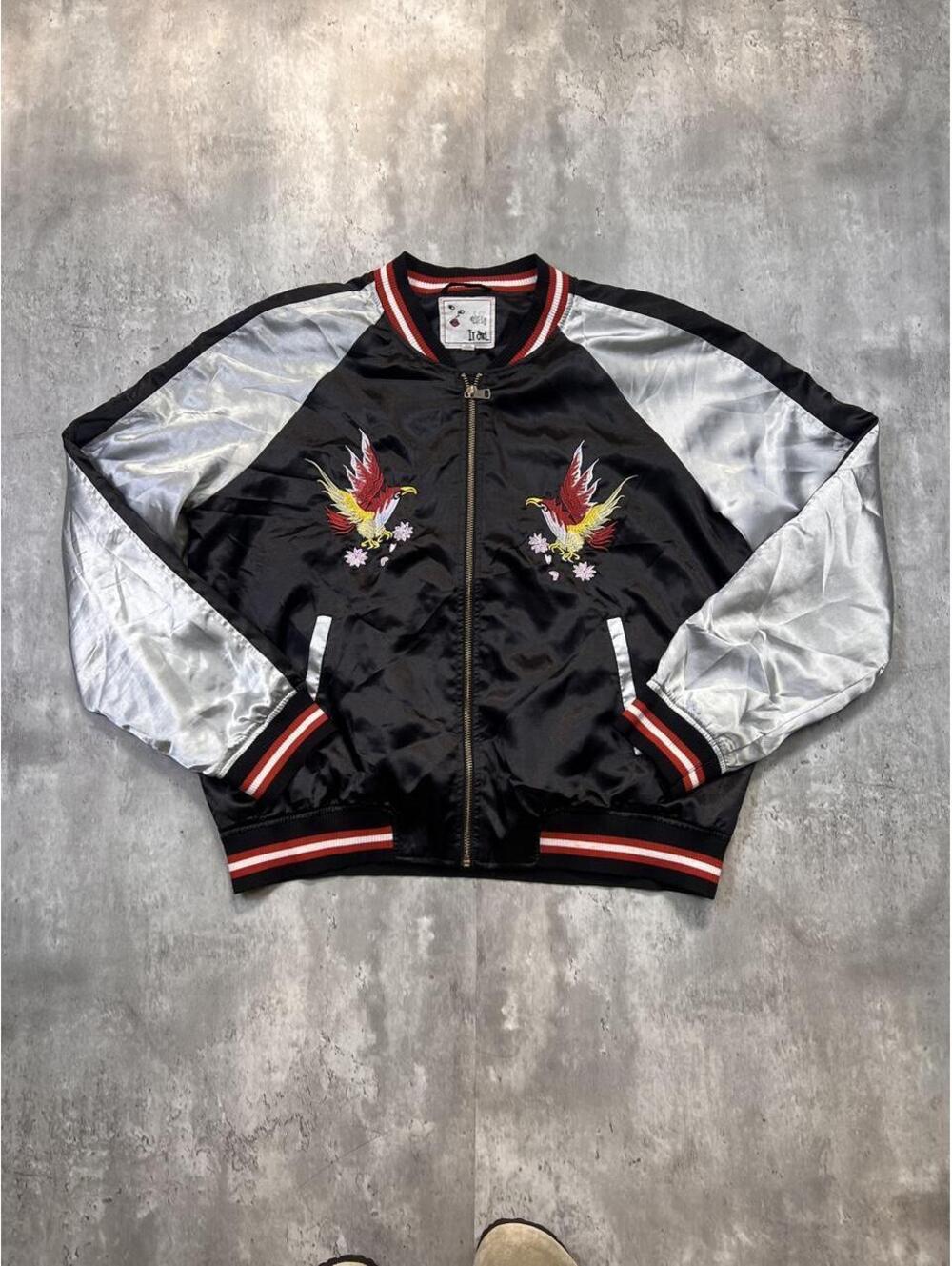 Japanese Sukajan Eagle Bomber Jacket Black Silver Embroidered XL